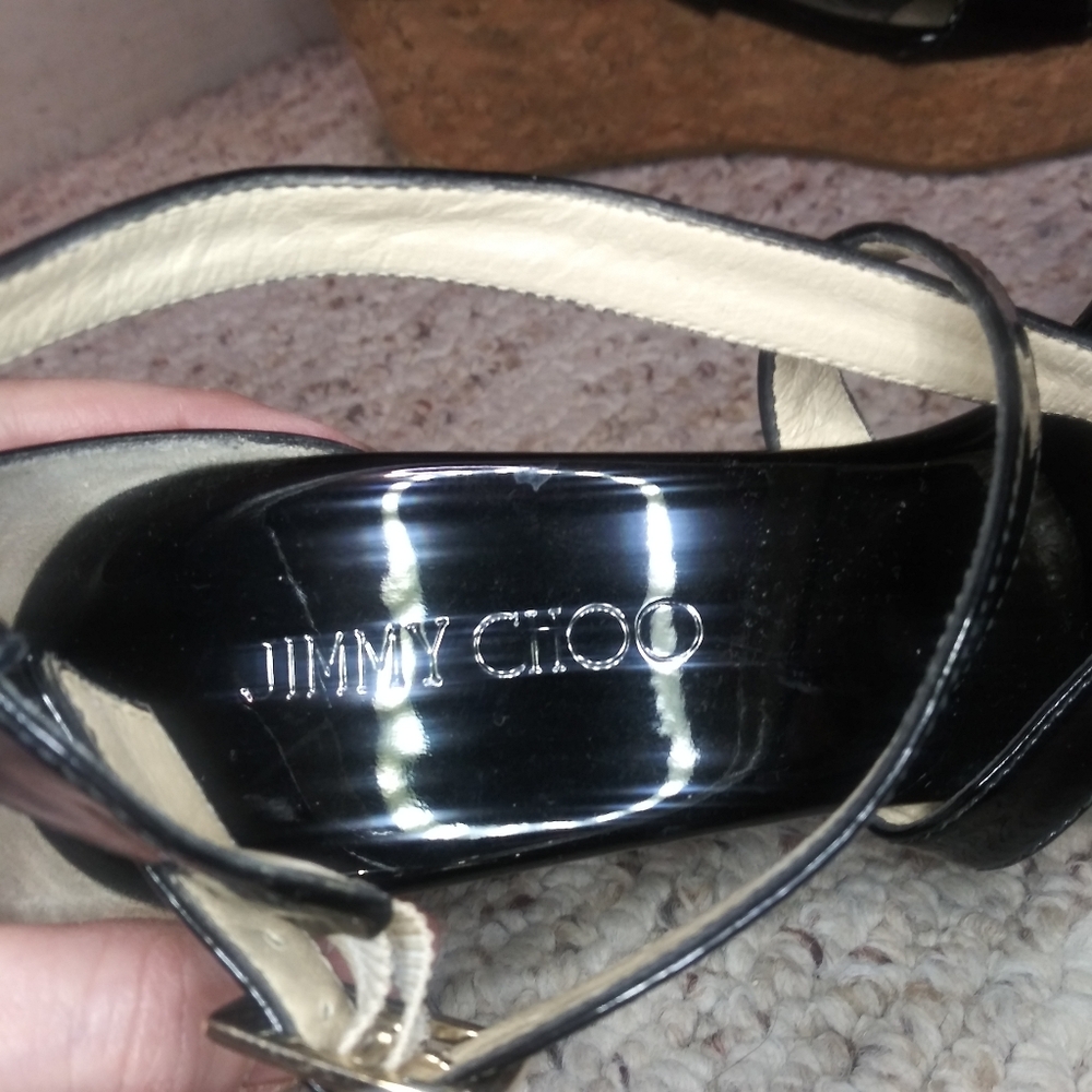 Jimmy Choo Portia 70 Black Patent Leather Cork Platform Wedge Heeled Sandals - Picture 4 of 11
